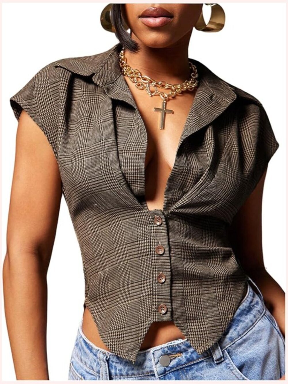 Plaid Cap Sleeve Cropped Blouse Button Down Top Cinched Waist